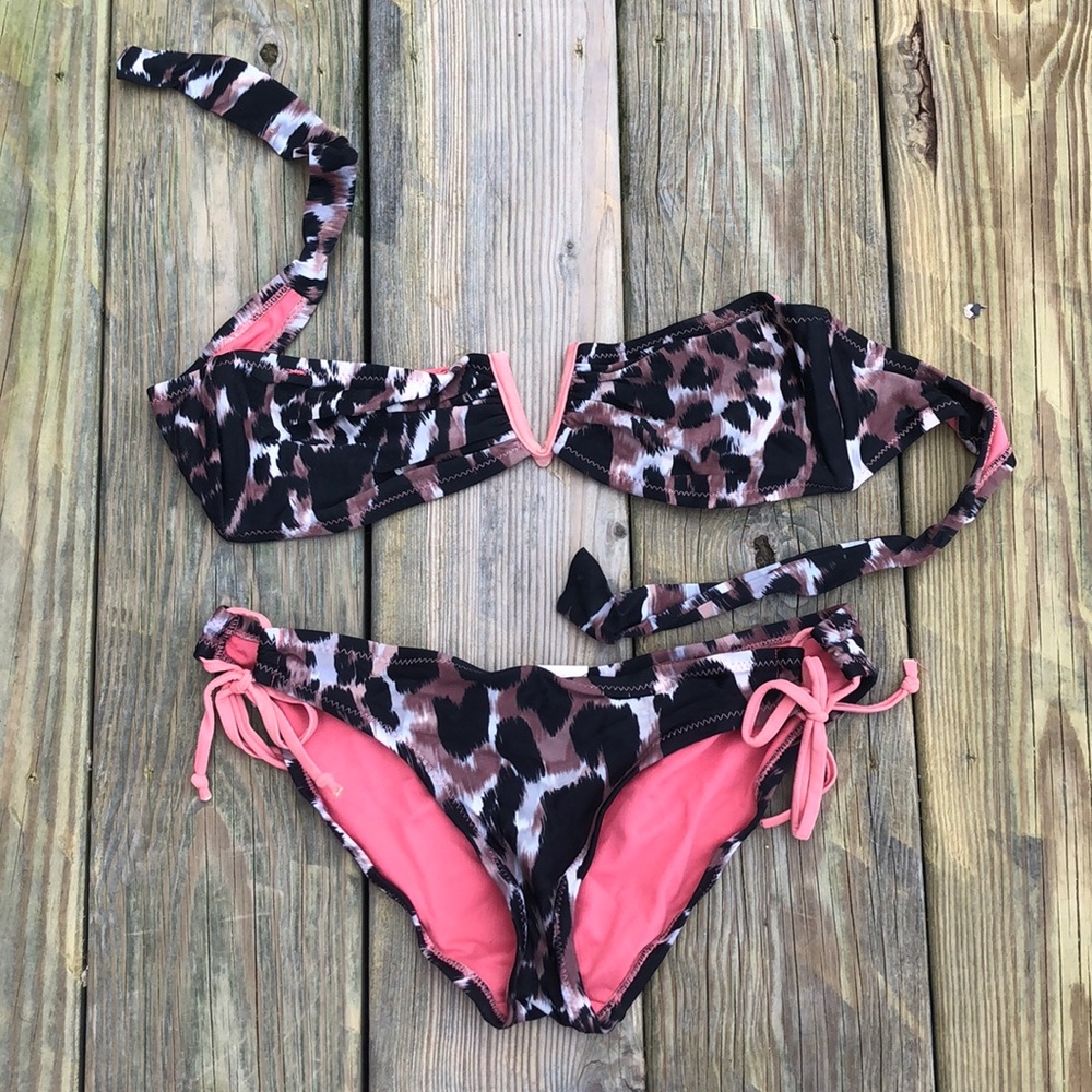 Peach & Leopard Strapless Bikini Set
